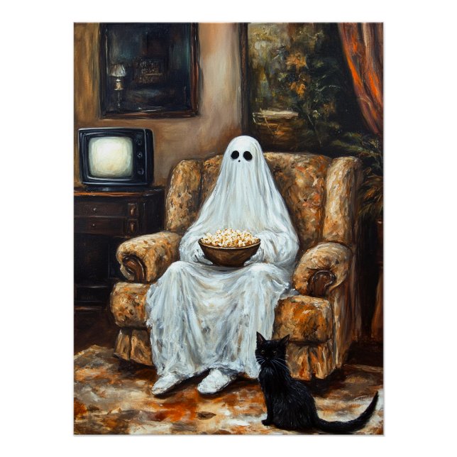 Poster Halloween fantôme regarder la télévision avec Popc (Devant)