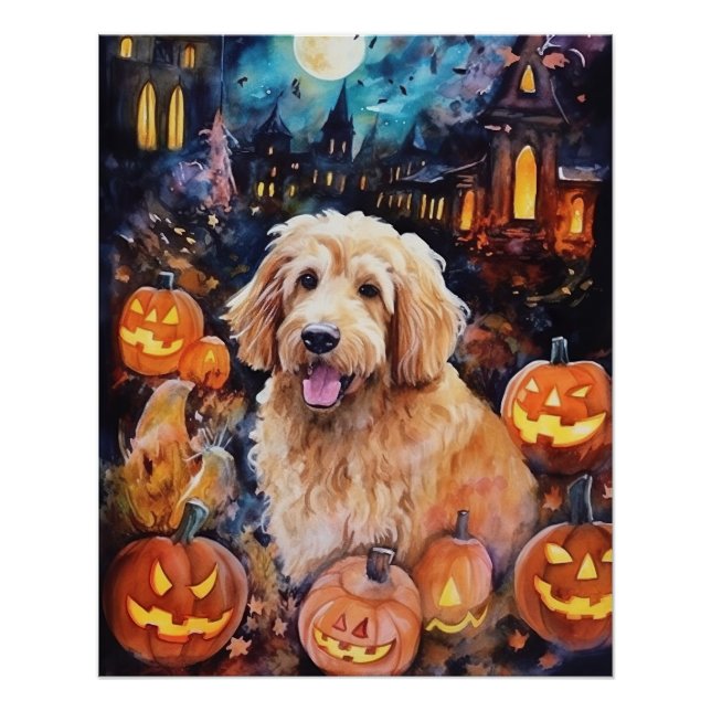 Poster Halloween Goldendoodle avec la peur Citrouille (Devant)
