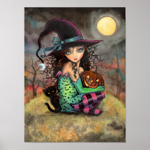 Poster Halloween Hill jolie sorcière gothique et art chat