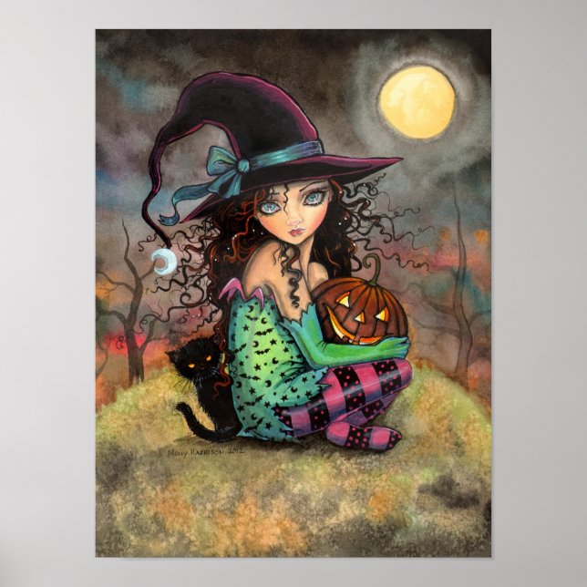 Poster Halloween Hill jolie sorcière gothique et art chat (Devant)