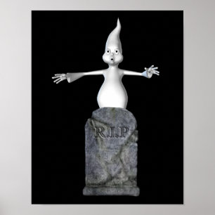 Poster Halloween joli fantôme effrayant et pierre tombale