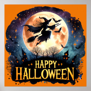 Poster Halloween joyeuse - Sorcière en vol Broom
