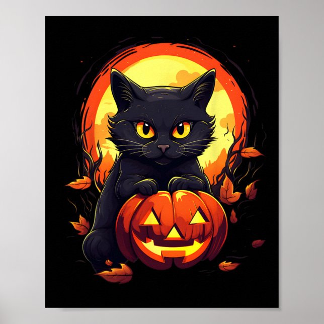 Poster Halloween Lune Chat Noir et Citrouille Pour Hommes (Devant)