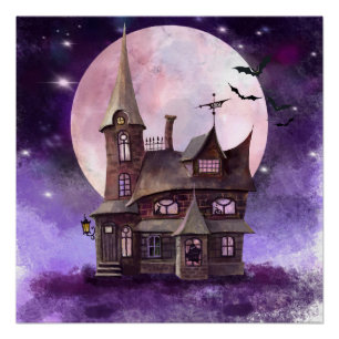 Poster Halloween Maison hantée avec lune et mur de chaume