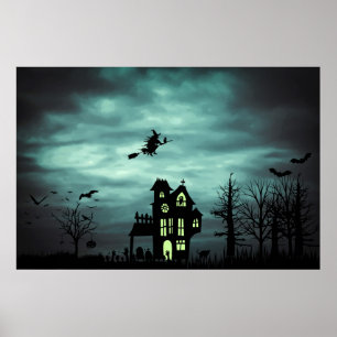 Poster Halloween Maison hantée Éffrayante sorcière effray