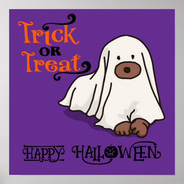 Poster Halloween mignon drôle Whimsical chien fantôme pou (Devant)