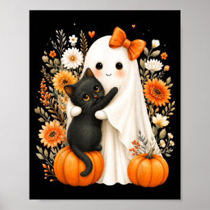 Poster Halloween Mignon Fantôme Chat Noir Citrouille Flor