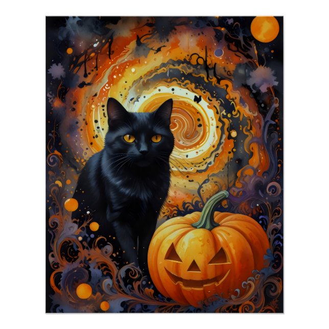 Poster Halloween Night Magic - Chat & Citrouille (Devant)
