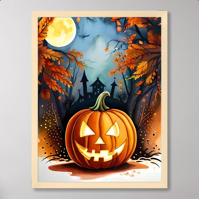 Poster halloween peinture effrayant citrouille lune lumiè (halloween painting scary glowing pumpkin moonlight)
