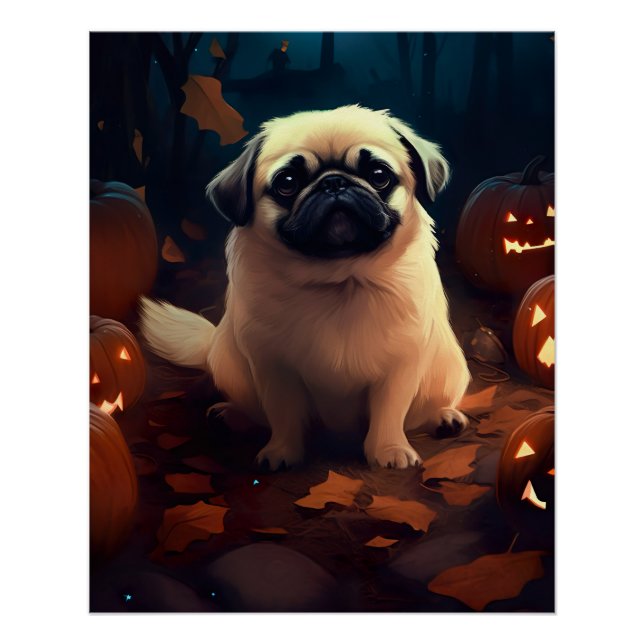 Poster Halloween Pekingese Avec Peur Citrouille (Devant)