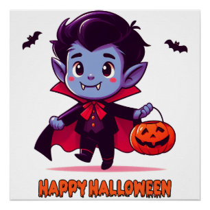 Poster Halloween - Petit Vampire et citrouille