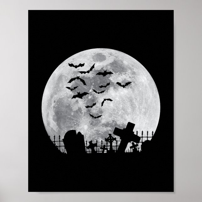 Poster Halloween Pleine lune Cimetière Bats Éffrayants (Devant)