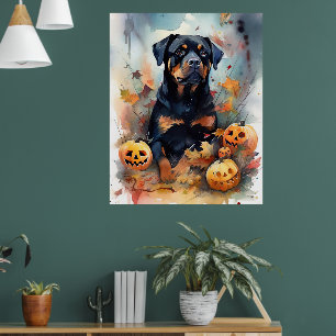Poster Halloween Rottweiler avec la peur Citrouille