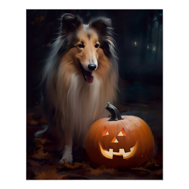 Poster Halloween Rough Collie Avec Citrouille effroi (Devant)