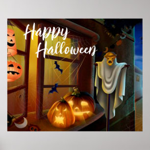 Poster Halloween Scarecrow, chauves-souris et Citrouilles