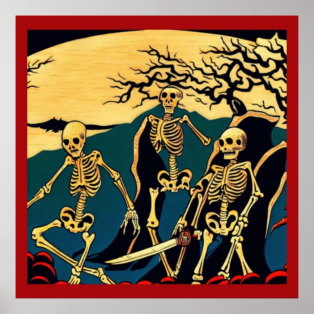 Poster Halloween - Skeletons Woodcut 4 (Devant)