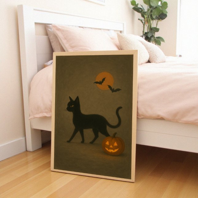 Poster Halloween sombre style académique | Citrouille de  (Dark Academia Halloween Black Cat and Jack-o-lantern pumpkin, bats, moon. Farmcore style. )