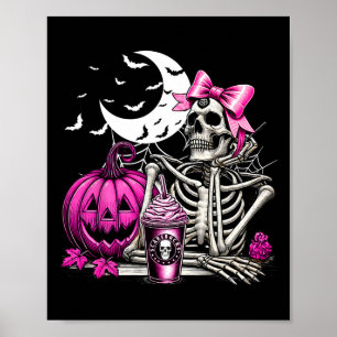 Poster Halloween Squelette Boire Café Rose Coquette B