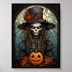 Poster Halloween Squelette déplaisant Et Citrouille Orang