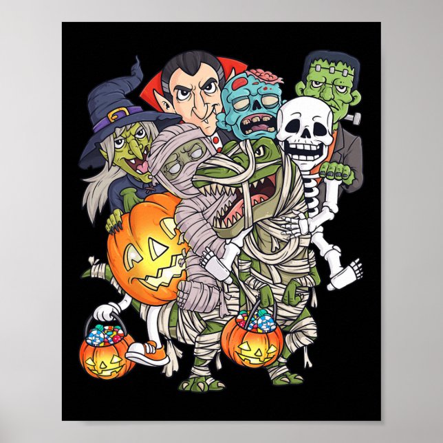 Poster Halloween Squelette Zombie équitation maman T Rex  (Devant)