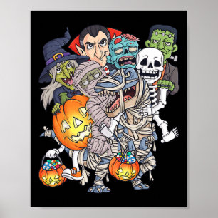 Poster Halloween Squelette Zombie équitation maman T Rex