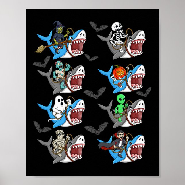 Poster Halloween Squelette Zombie équitation Requin maman (Devant)