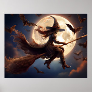 Poster Halloween Steampunk Witch Vol au clair de lune