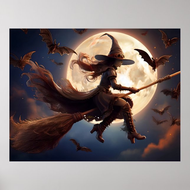 Poster Halloween Steampunk Witch Vol au clair de lune (Devant)