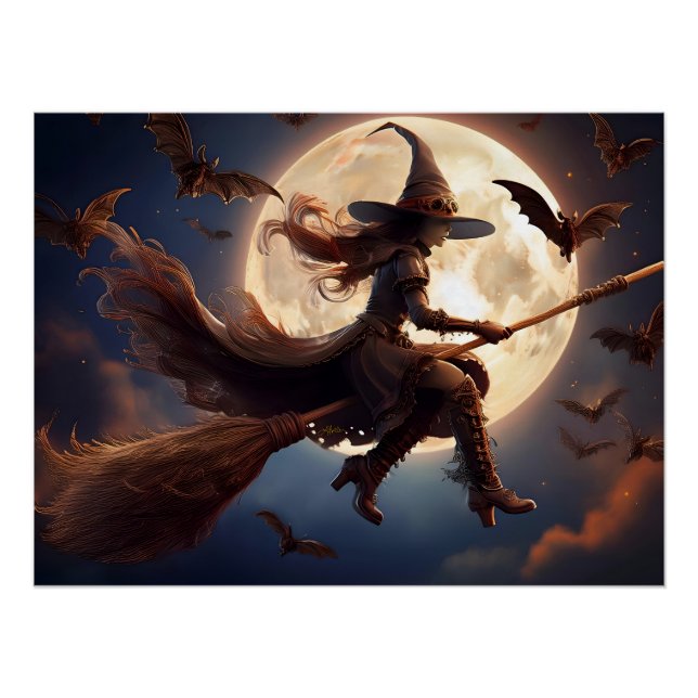 Poster Halloween Steampunk Witch Vol au clair de lune (Devant)
