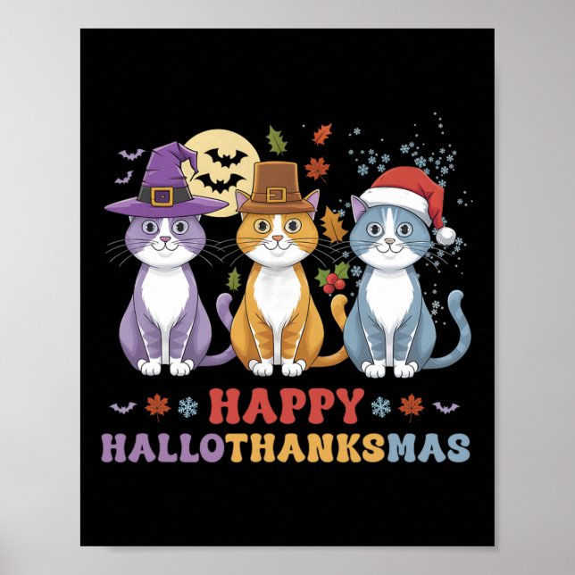 Poster Halloween Thanksgiving Noël Chats Happy Hallot (Devant)