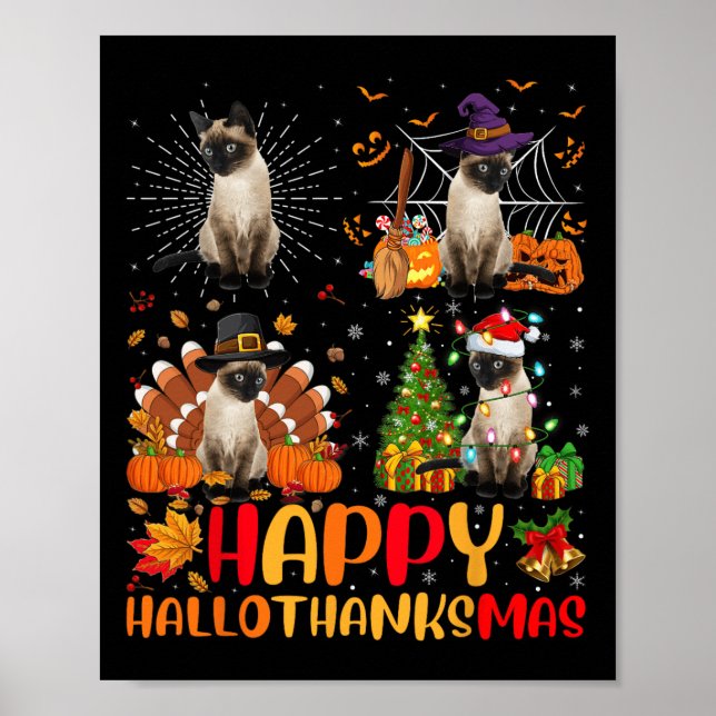Poster Halloween Thanksgiving Noël Siamese Chat Hallo (Devant)