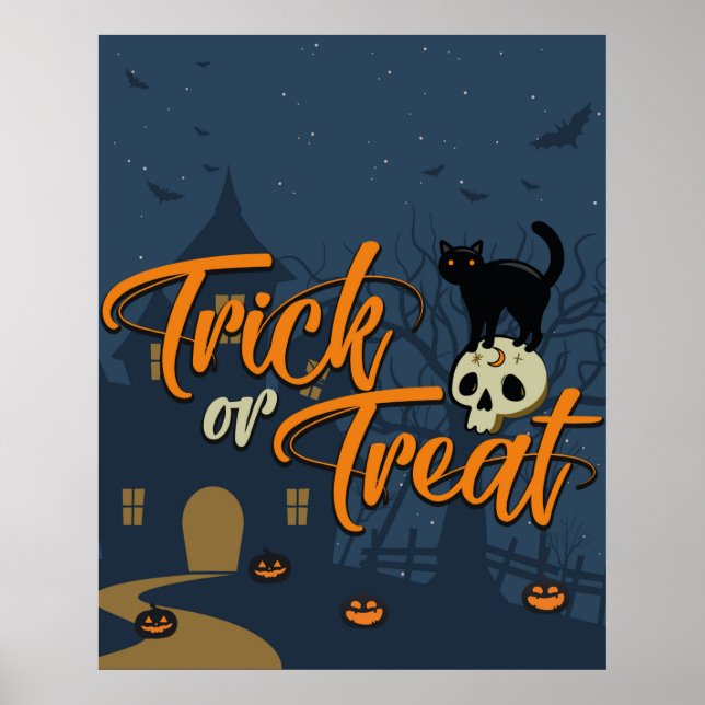 Poster Halloween Trick ou traiter Chat noir et crâne (Devant)