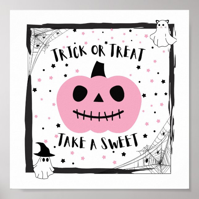 Poster Halloween Trick ou Treat prendre un citrouille ros (Devant)