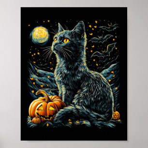 Poster Halloween Van Gogh Starry Night Chat noir Citrouil