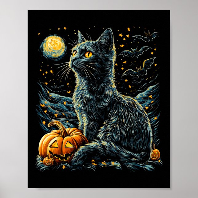 Poster Halloween Van Gogh Starry Night Chat noir Citrouil (Devant)