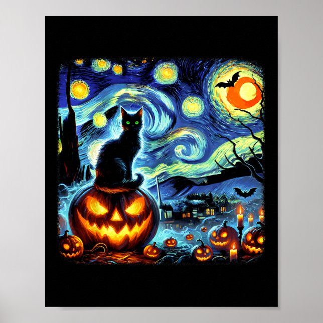Poster Halloween Van Gogh Starry Night Chat noir Citrouil (Devant)