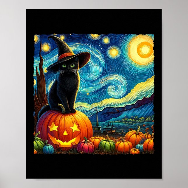 Poster Halloween Van Gogh Starry Nuit Noir Chat Sorcière  (Devant)