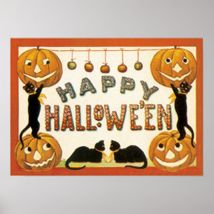 Poster Halloween vintage, Chats noirs avec Jackolanterns