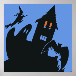 Poster Halloween vintage, effrayante Maison hantée et sor