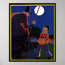 Poster Halloween vintage, sorcière Déplaisante avec garço