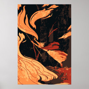 Poster Halloween vintage, sorcière maléfique avec feu en 