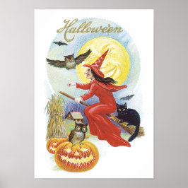 Poster Halloween vintage, Sorcière volante avec un chat n