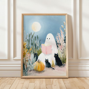 Poster Halloween Whimsical Livre Lover Fantôme Chats Noir