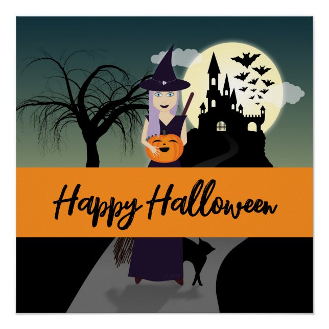 Poster Halloween Witch Citrouille Chat noir Votre texte (Devant)