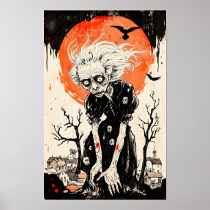 Poster Halloween Witch Ghoul Woodblock Style