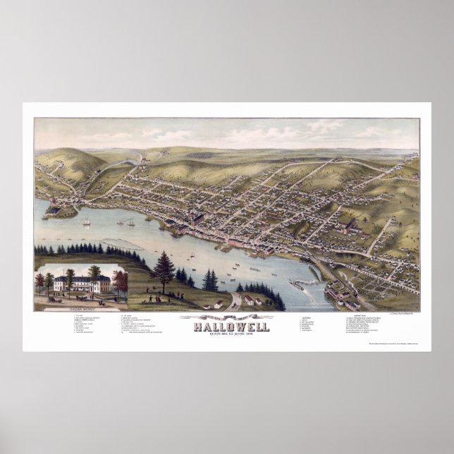Poster Hallowell, ME Carte panoramique - 1878 (Devant)