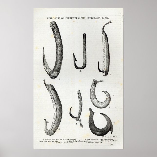 Poster Hameçons de poissons préhistoriques et non civilis (Devant)