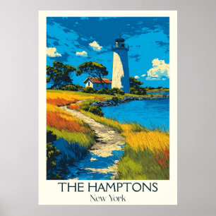 Poster Hamptons New York Vintage Lighthouse Beach Art