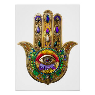 Poster Hamsa en or peint Améthyste Rubis Troisième œil