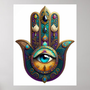 Poster Hamsa Violet Turquoise avec Troisième Œil en Turqu